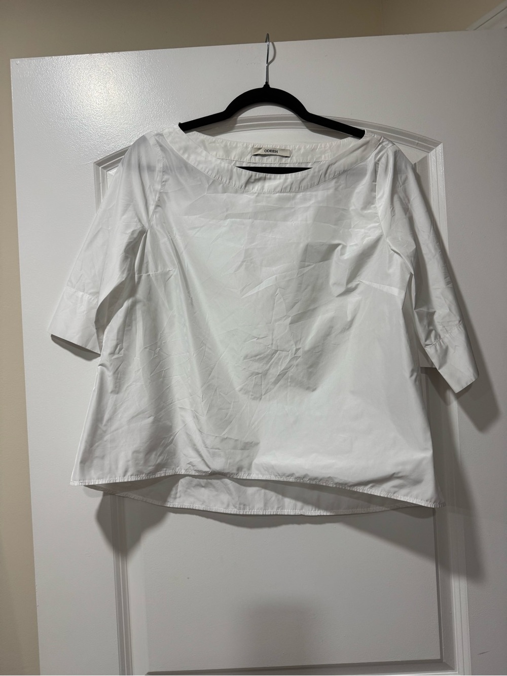 ODEEH Women’s White Boatneck Short Sleeve Poplin Blouse